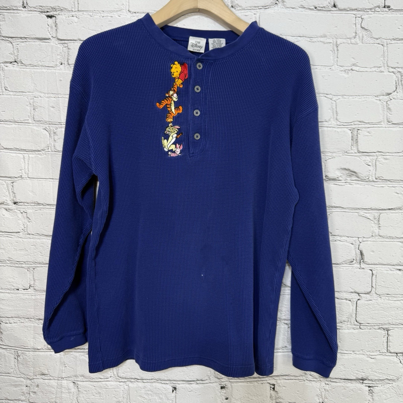 Vtg Disney Store Waffle Knit Henley L Blue Winnie The Pooh Tigger Rabbit Piglet